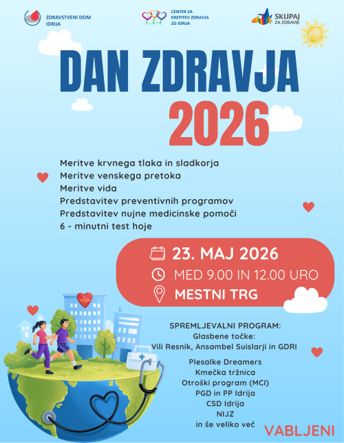 Plakat za Dan zdravja 2026 v Idriji z zapisanimi vsemi informacijami in aktivnostmi. Plakat za Dan zdravja 2026 v Idriji z zapisanimi vsemi informacijami in aktivnostmi.