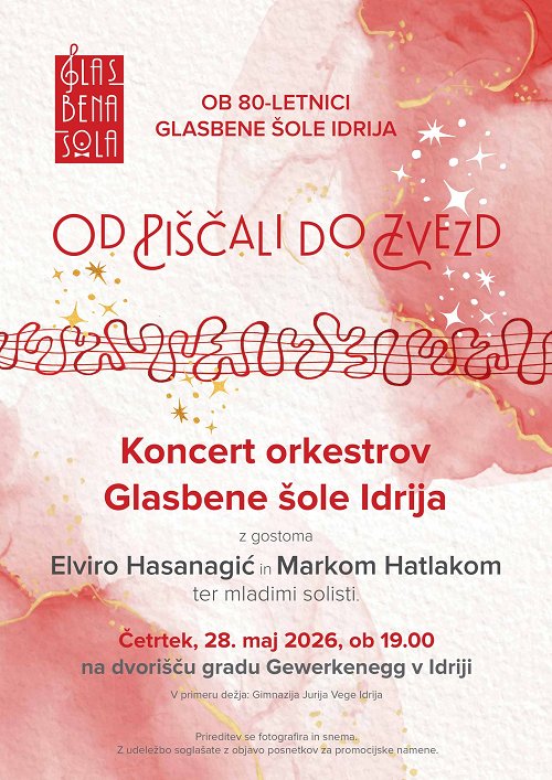 Plakat za koncert orkestrov Glasbene šole Idrija z zapisnimi informacijami o dogodku in dekorativnimi elementi.